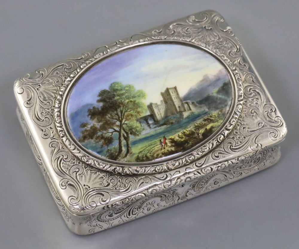 An early Victorian silver and enamel rectangular snuff box, by Robert Garrard II, gross 5.5 oz.